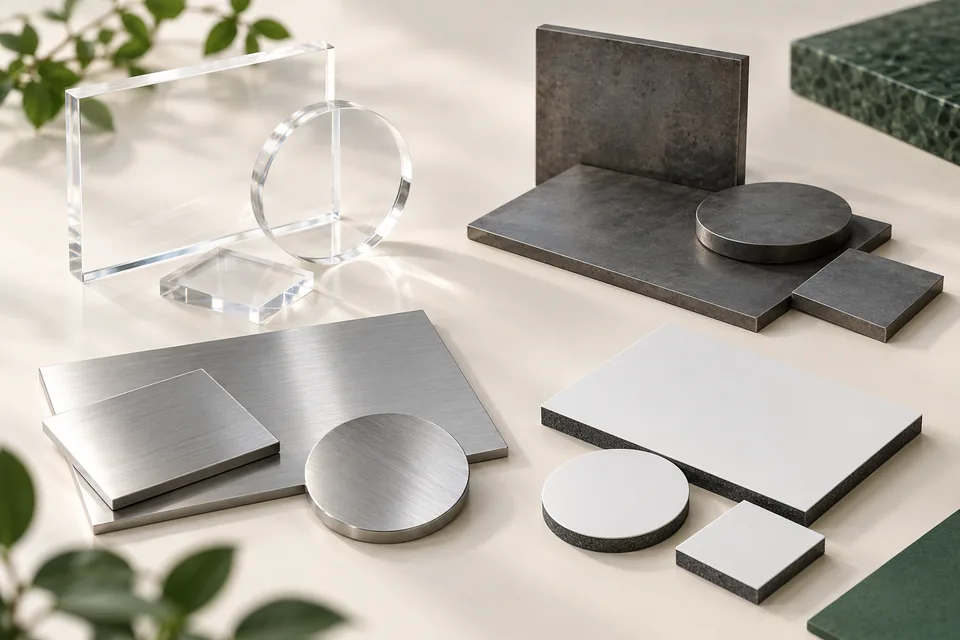 Ilustrasi sampel bentuk potongan akrilik, plat besi, stainless, dan ACP.